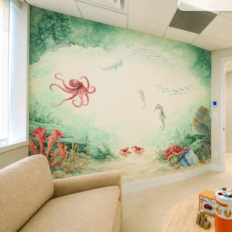 Children's exam room with a hand-painted ocean mural